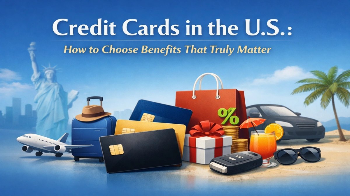 Illustration of credit cards in the United States with travel, shopping, and cashback rewards, including suitcase, airplane, car, and gifts, representing how to choose the best credit card benefits for lifestyle and financial goals.